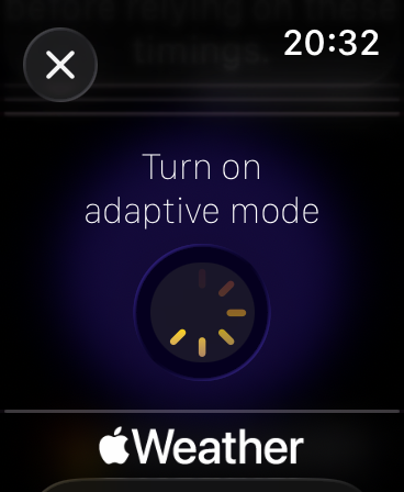 The app's info screen: the words 'Turn on adaptive mode' above a round button, with the Apple Weather mark below.