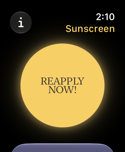 The Sunscreen home screen: a yellow sun reading REAPPLY NOW.
